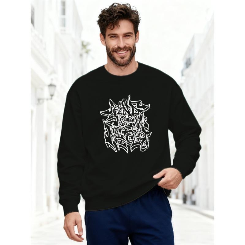 Men's Casual Crew Neck Sweatshirt With Graffiti Background Pattern, Plus Size.