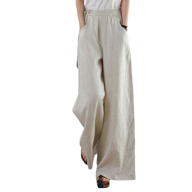 

Ретро Широкие Брюки из Хлопка и Льна с Завышенной Талией - Повседневная Женская Одежда Большого Размера Large бежевый