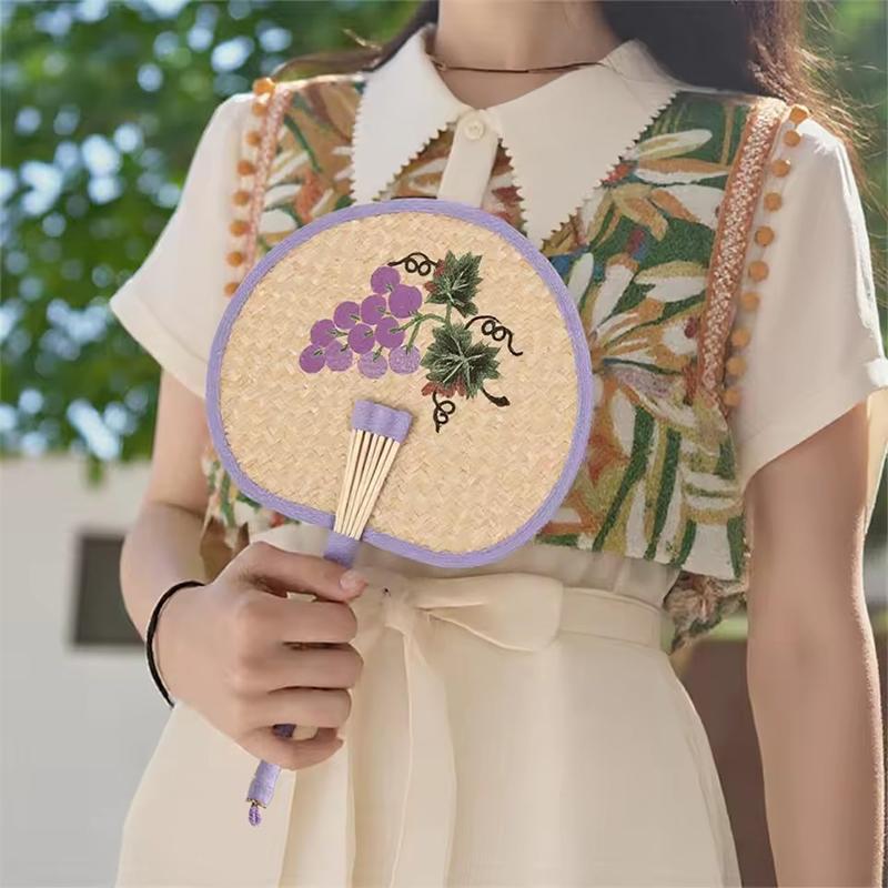 Retro Palm Fan For Summer Home Hand-Woven Straw Fans Bossom Plum Flower Embroidery Summer Cooling Hand Fan