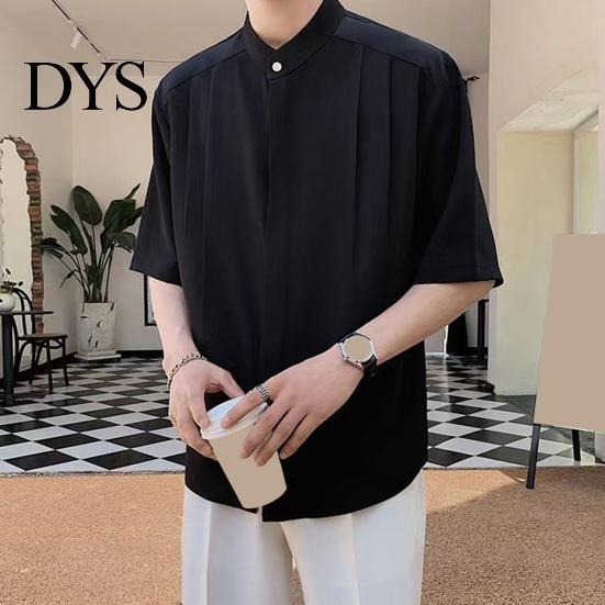 Formal Men Shirt Summer Stand Collar Ice Silk Solid Color Pleated Loose Fit Everyday Top Cardigan Half Sleeves Mid Length Casual Business Mature
