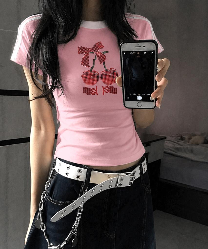 Nasyujeueol Dot Cherry Semi-Crop Short Sleeve T-Shirt 6 Colors