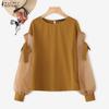 ZANZEA Women Casual Round Neck Mesh Splice Long Sleeve Blouse