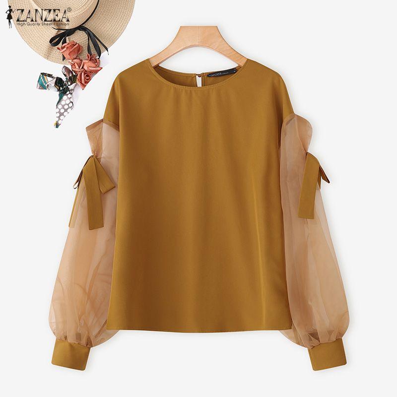 ZANZEA Women Casual Round Neck Mesh Splice Long Sleeve Blouse