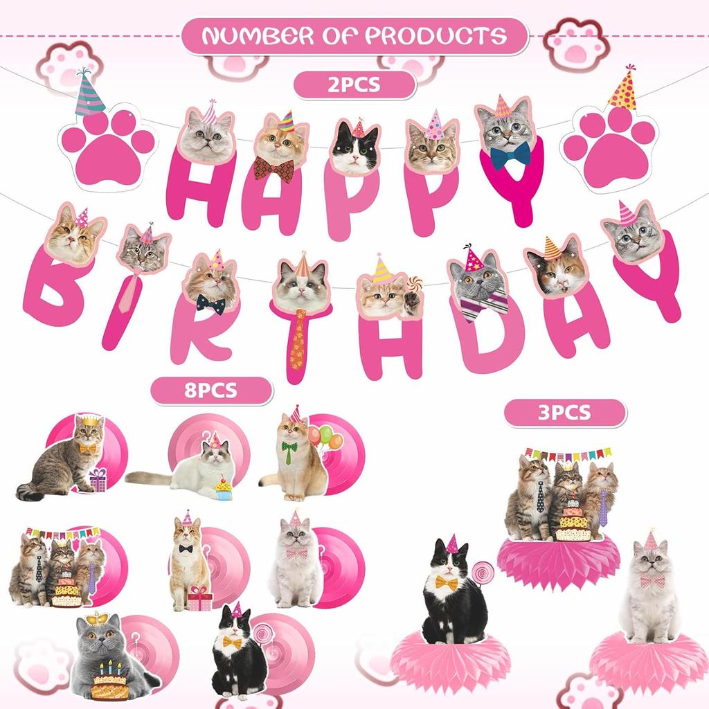 Cat Birthday Party Hanging Swirls - NOVBAUB 20PCS Lovely Pink Cat Birthday Party Supplies Honeycomb Centerpieces Cute Cat Theme Birthday Party