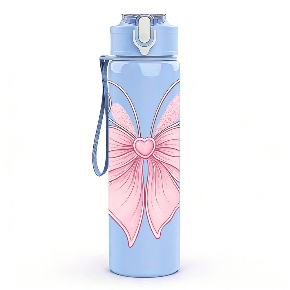 1PC Pink Bow Ribbon Easter Soft Line Art 750ml Color Plastic Sports Water Bottle Leakproof Flip Straw Lid Suitable for Sports Office Home Use