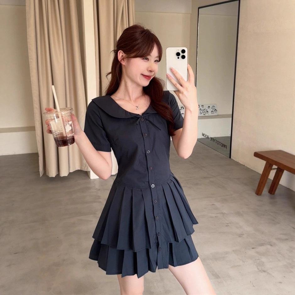 Korean Collegiate Style Doll Collar Shirt Dress, Summer High-end Sweet, First Love Waist-cinching Slimming Pleated Short Skirt