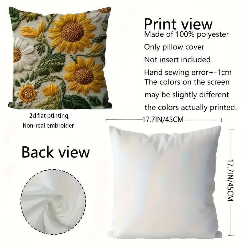 2/4pcs 2D Floral Print 45x45cm Zipper Closure Machine Washable Throw Pillow Covers Soft Sunflower & Daisy Bed Pillowcase