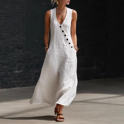 Women's V Neck Sleeveless Loose Fit Linen Maxi Dress Solid Color Side Button Casual Summer Vacation Long Dress