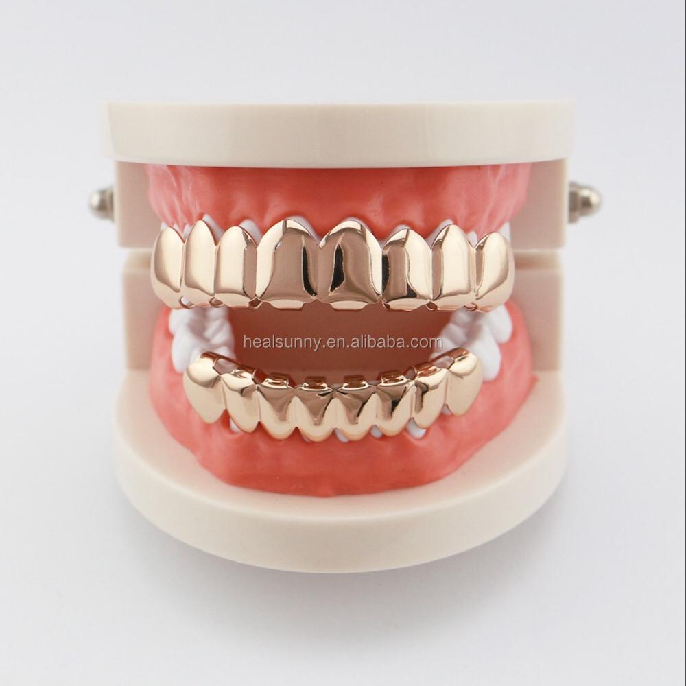 Custom Eco-friendly Gold Color Iced Rhinestones Teeth Grillz Top&Bottom Vampire Teeth Caps Hip Hop Blingbling Copper Body