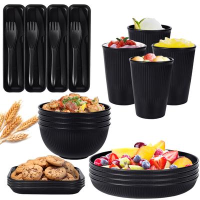 Wheat Straw Black Plastic Cutlery Set Reusable Plates Bowl Cups Knife Spoon Kitchen Outdoor Camping Party Dinnerware Dishes Set