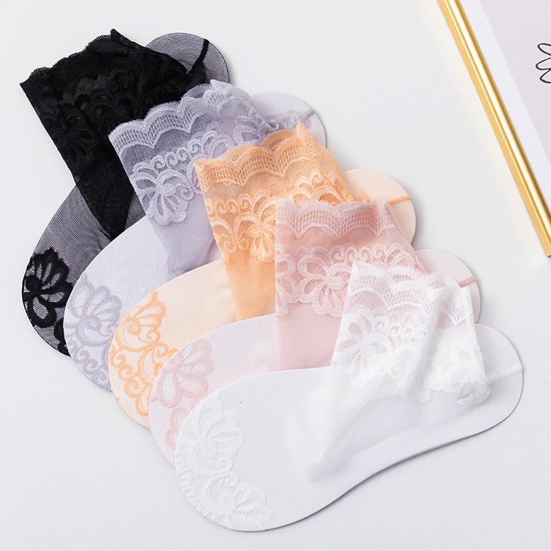 Spitzen-Söckchen für Damen: Baumwollunterteil, Unifarben, Mesh-Spitzendesign, Mittlere Wadenlänge, Schwarz, für Frühling/Sommer