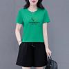 Women's Crew Neck Short Sleeve Letter Print Loose Fit Cotton Tracksuit Short Sleeve Top Elastic Waist Short Pants