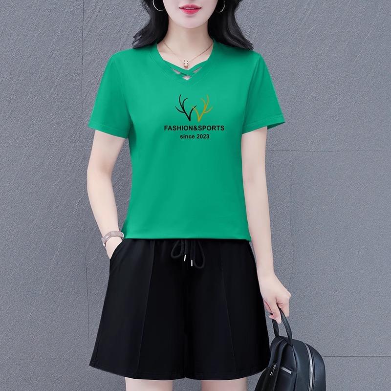 Women's Crew Neck Short Sleeve Letter Print Loose Fit Cotton Tracksuit Short Sleeve Top Elastic Waist Short Pants