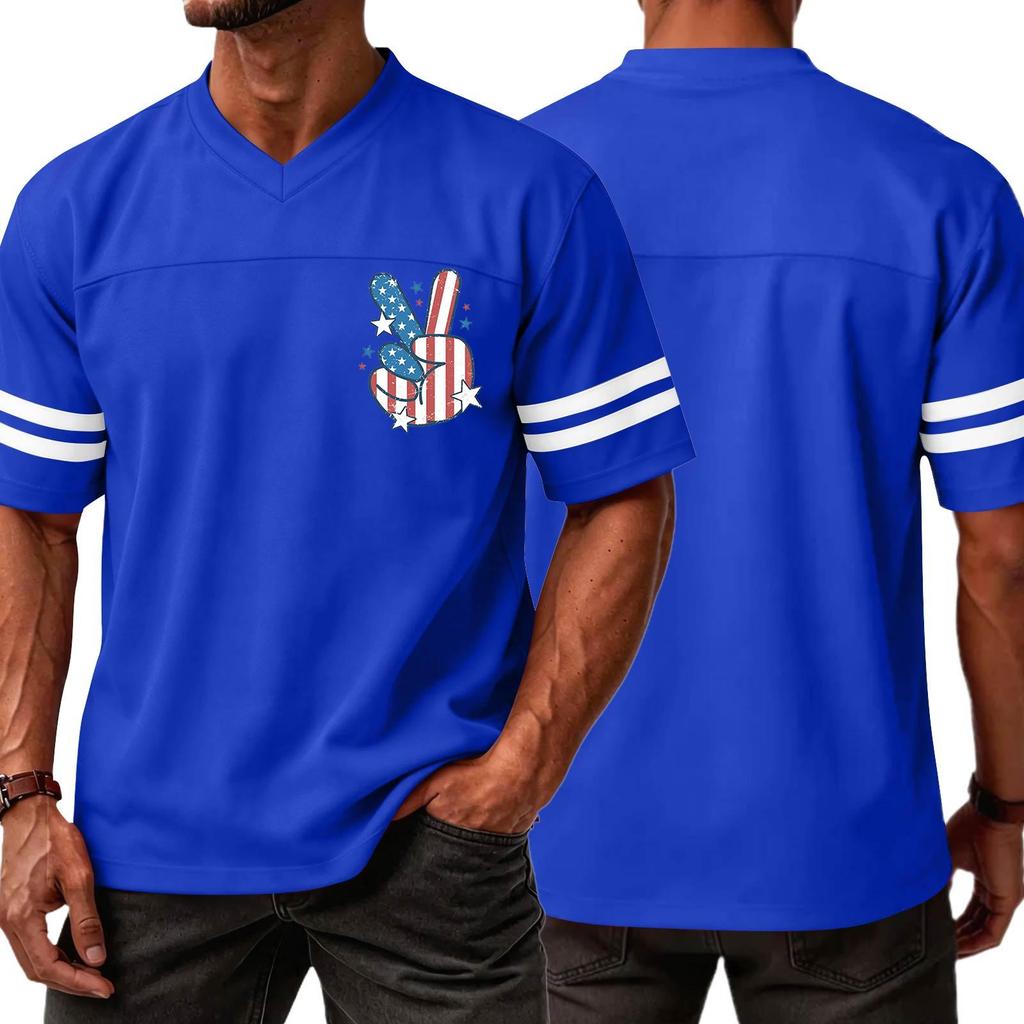 Men V Neck Casual Short Sleeve Jersey Shirt with Independence Day Print and Striped Sleeves for Sports and Wear