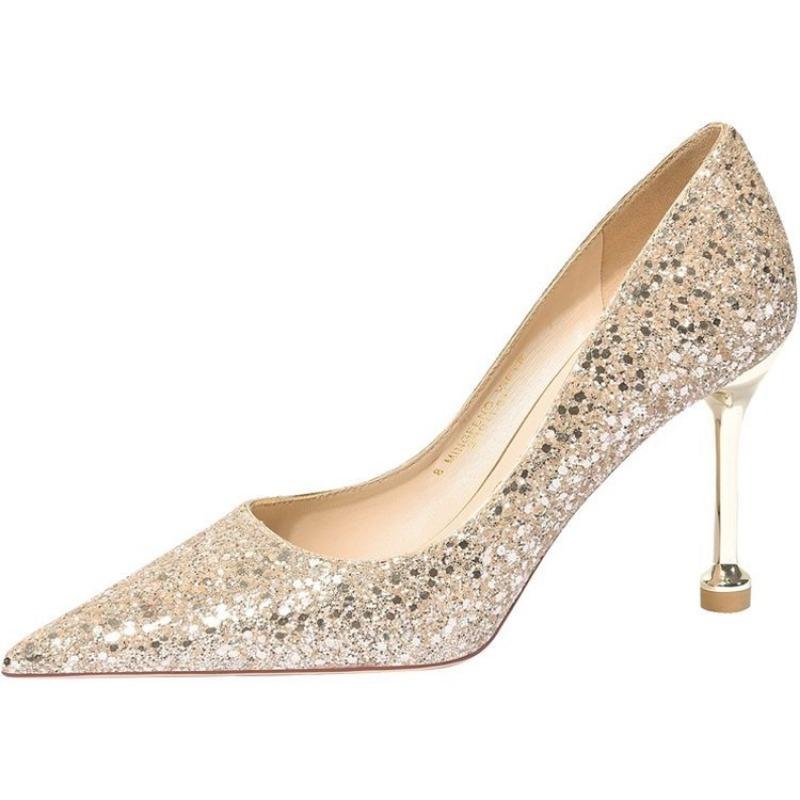 Fashion 2025 New Women Pumps Metal High Thin Heel Shallow Sexy Ladies Pointed Toe Bling Bridal Wedding Women Shoes White High Heels