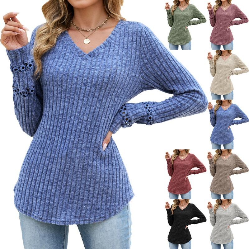 Solid Color V Neck Lace Patchwork Loose Long Sleeve Brushed T Shirt