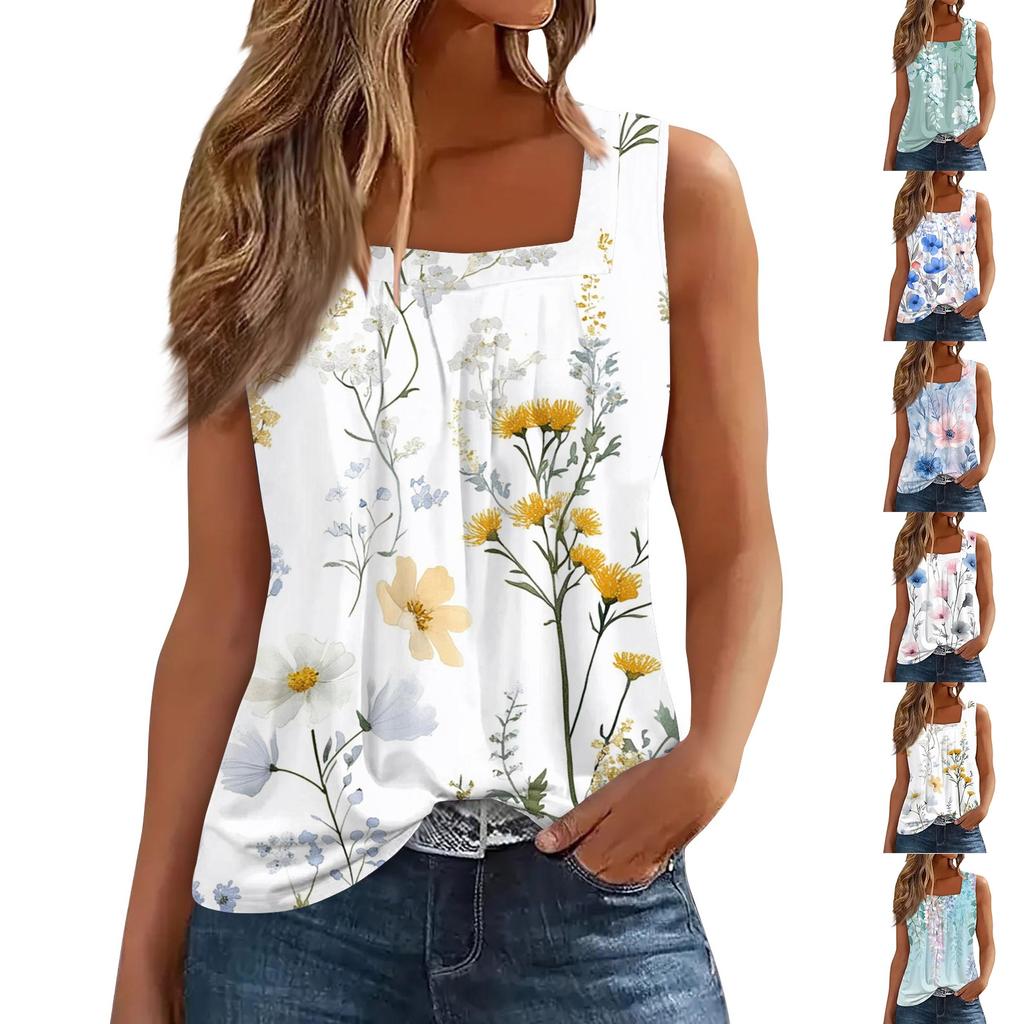 Women's Pleated Square Collar Sleeveless Vest Print T-shirt