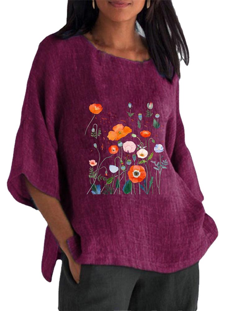 

Женская модная футболка с принтом с круглым вырезом Весенне-летний топ с рукавом 3/4 Женская хлопково-льняная блузка 5XL фиолетовый