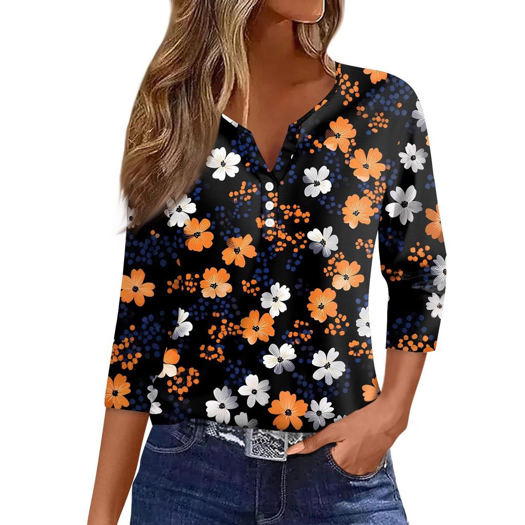 Dámské tričko s potiskem, knoflíky, 3/4 rukávy, pro každý den, na víkend, módní, základní, s výstřihem do V, běžný top