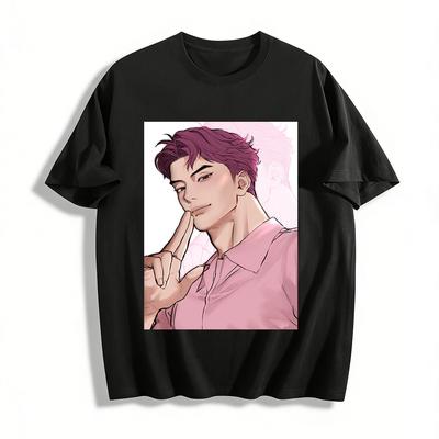 Cool Purple-haired Handsome Guy Print Casual Short-sleeve T-shirt Trendy Comic Style Loose Breathable Top Pure Cotton T-shirt