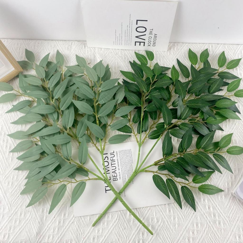 Direct Sales Simulation Green Plant Leaf Silk Screen Printing Single Branch Three-Pronged 16 Mesh Willow Leaf Home Ornament Decoration Shooting