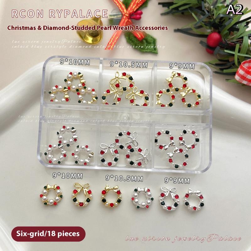 6 Grids Christmas Wreath Nail Art Rhinestone With Pearls Mixed Size Nail Parts Accessories DIY Decoration