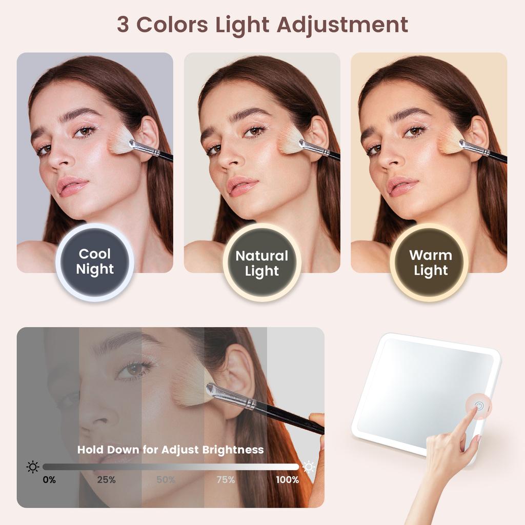 Portable Makeup Bag with Lighted Mirrors Travel Cosmetic Case Organizer with 3 Color Lights Mirror Dividers Brush Cases Holder