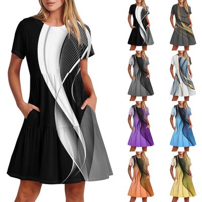 Women's Casual Fashion Round Neck Short Sleeve Printed Midi Dress With Pocket
