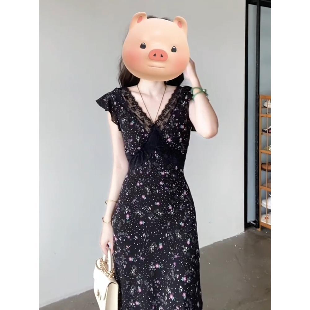 

Черное кружевное платье с V-образным вырезом и цветочным принтом, женское летнее элегантное новое красивое платье по талии XL- (recommended 110-60kg)