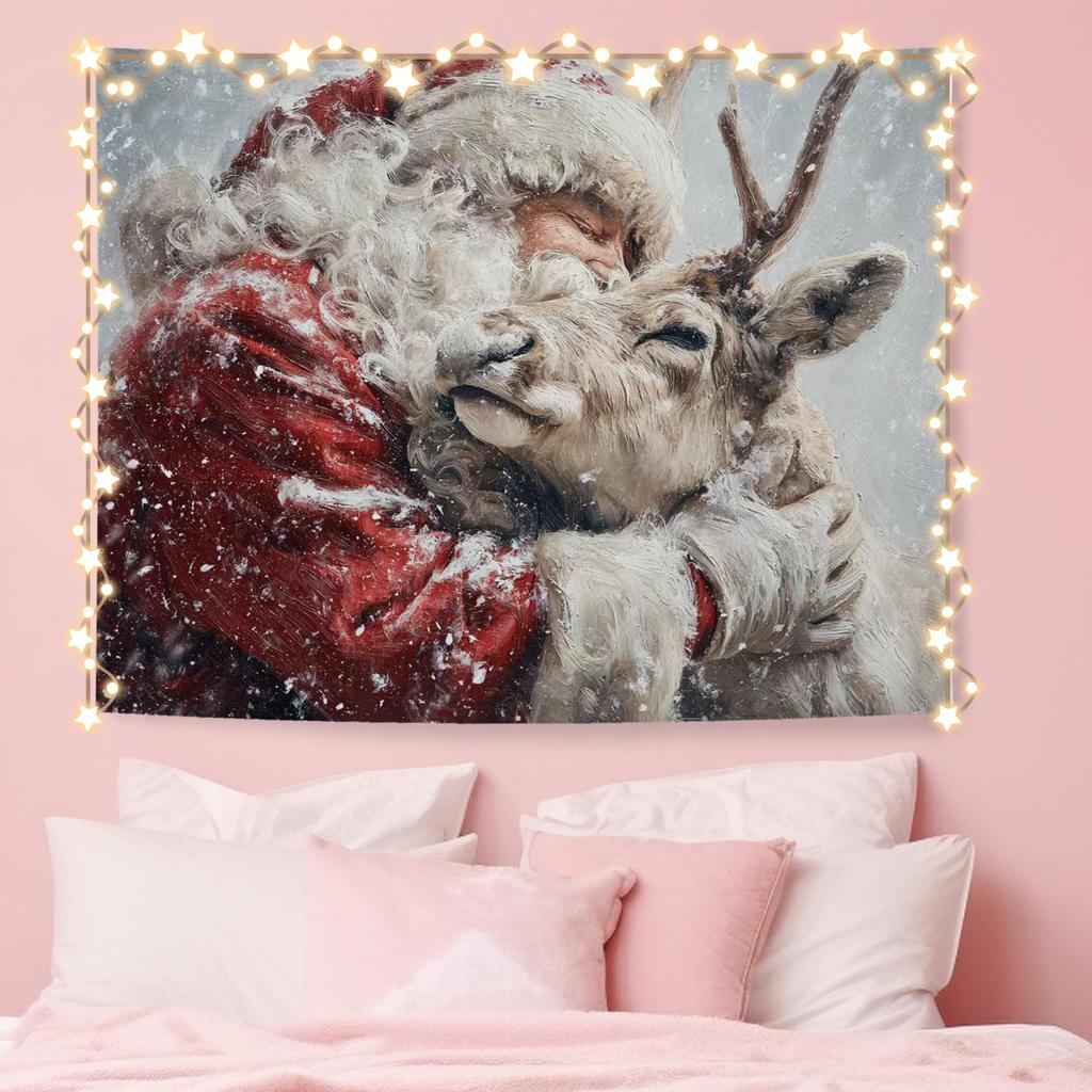 Winter Christmas Deer Tapestry,Rustic Christmas Wall Tapestry For Bedroom, Winter Snowy Forest Xmas Deer Tapestries Wall Hanging