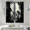 2PCS Digital Printed Curtains, Black White Forest Two Crows Full Moon Mist, Gothic Dark Woodland Silhouette Window Decor Room