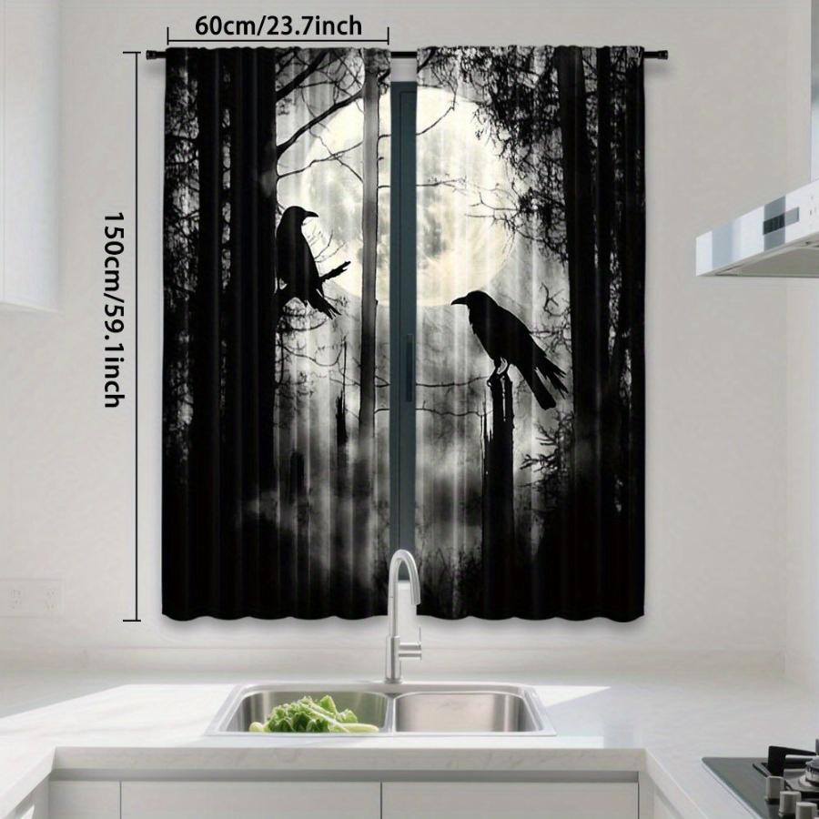 2PCS Digital Printed Curtains, Black White Forest Two Crows Full Moon Mist, Gothic Dark Woodland Silhouette Window Decor Room