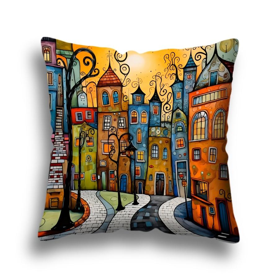 Pandara Jewelry Unisex 1Pc Whimsical Town Themed Printed Throw Pillow Cover, Suitable For Sofa, Bedroom, Living Room, A Creative Gift For Art Lovers.