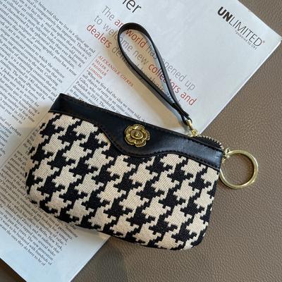2024 Nová peněženka na mince s výšivkou Houndstooth Vintage květinový zámek Malá peněženka s přívěskem na klíče z plátna, koženého pouzdra na karty