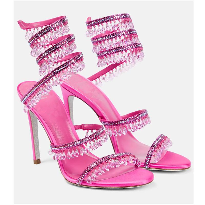 New Crystal Pendant, Snake-shaped Wrapped Rhinestone Tassel Decorative High-heeled Women's Sandals