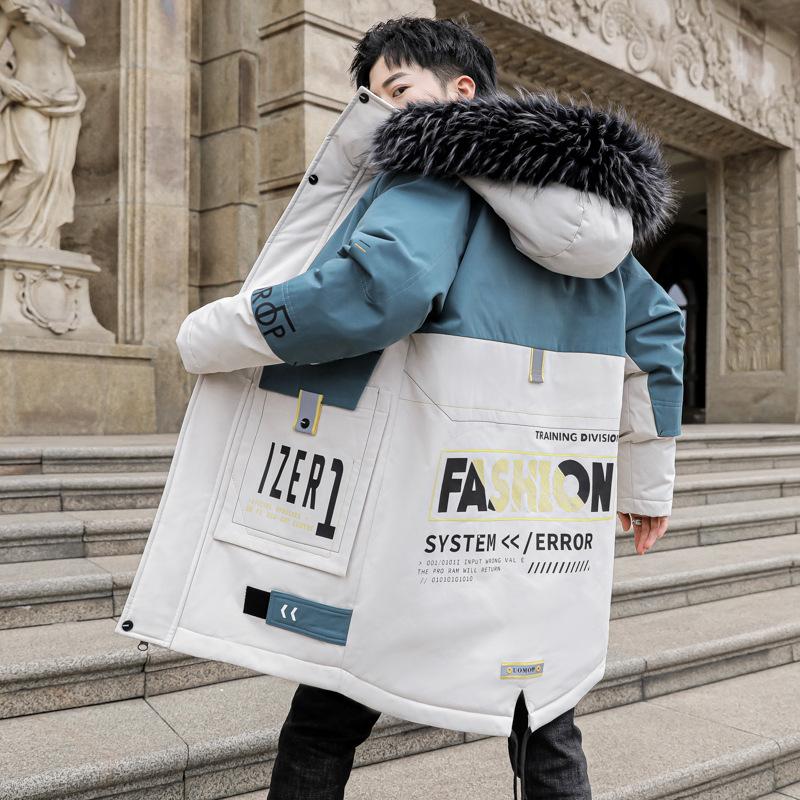 Men'S Casual Mid-Length Winter Down Jacket, Hooded Coat with Faux Fur Collar, White Duck Down Filler, Long Sleeve, Zipper Placke