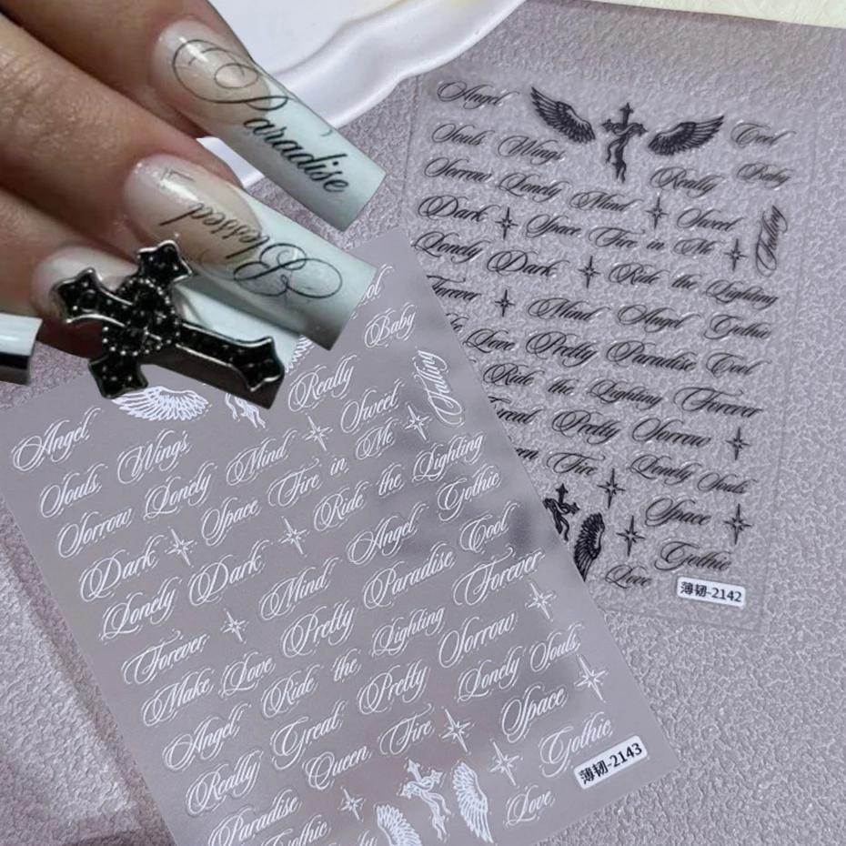 Black And White Letter Words Nail Stickers - Angel Wings Letter Mixed Designs Holographic Y2K Nail Decals Simple Diy Nails Art