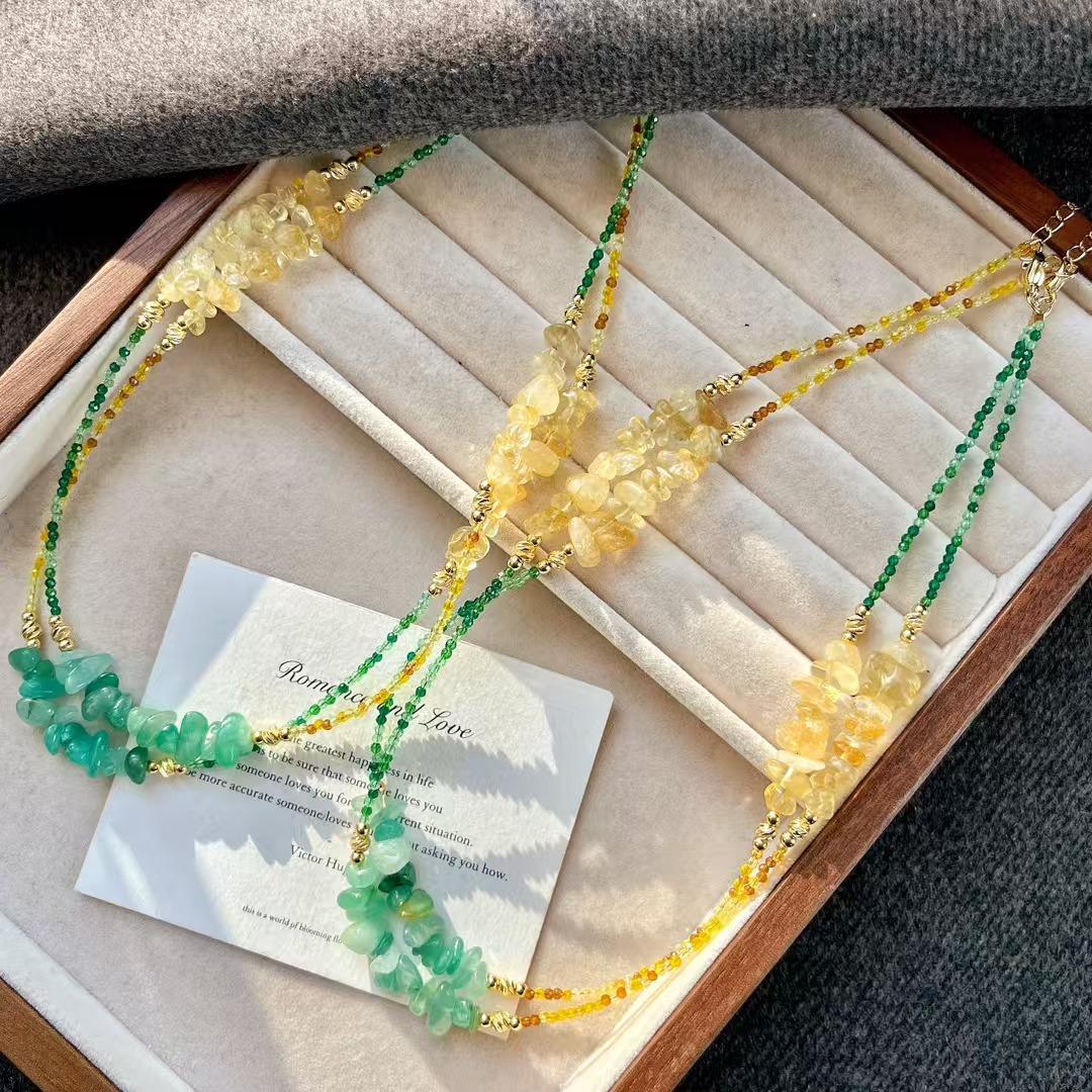 

Vintage Natural Citrine Gravel Dongling Jade Artificial Crystal Design Sense Collarbone Chain Necklace