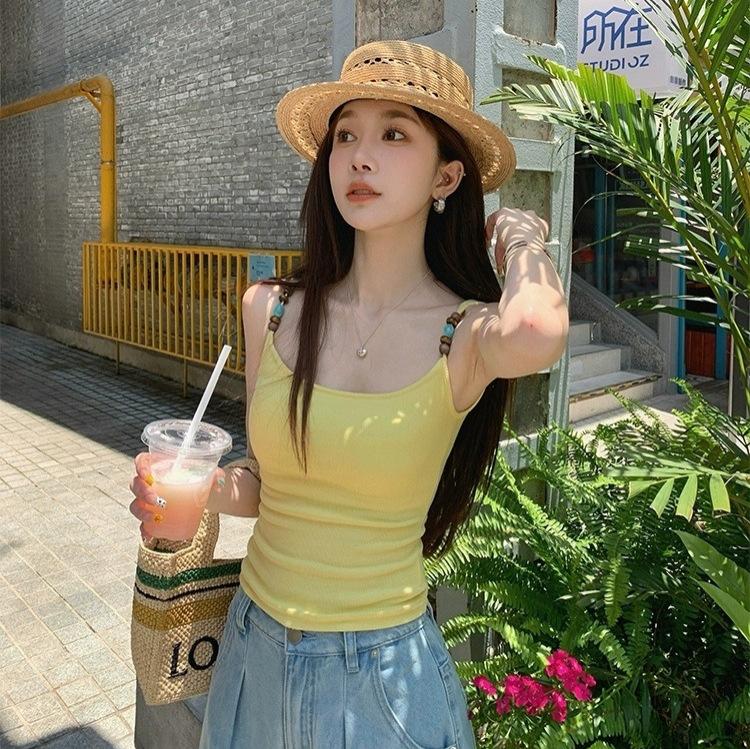 #Summer new sweet la beaded shoulder strap design sling vest slim fit all-match top with chest pad