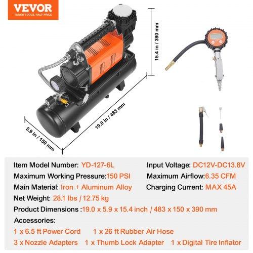 VEVOR 12V Heavy Duty Air Compressor with 6L Tank Kit, 6.35 CFM Portable Tire Inflator