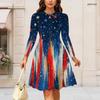Women Plus Size Round Neck Long Sleeve Midi Dress Splatter Brush Star Patriotic Print High Waist Swing Dress