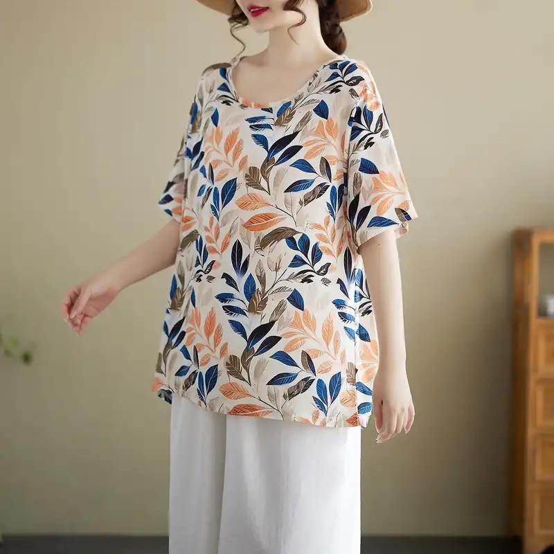 Womens Leaf Print Blouse Casual Round Neck Short Sleeve Loose Fit Top