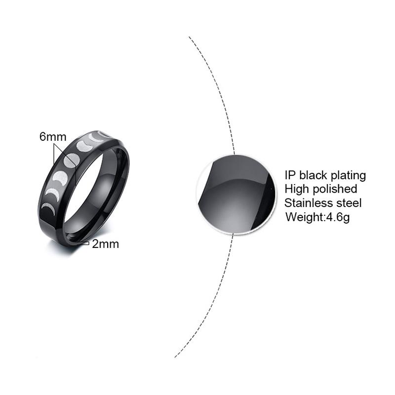 Anillo de Fase Lunar de Acero Inoxidable Luna Creciente Negra Anillo Wiccano Triple Diosa Para Mujeres Hombres 6mm Joyería