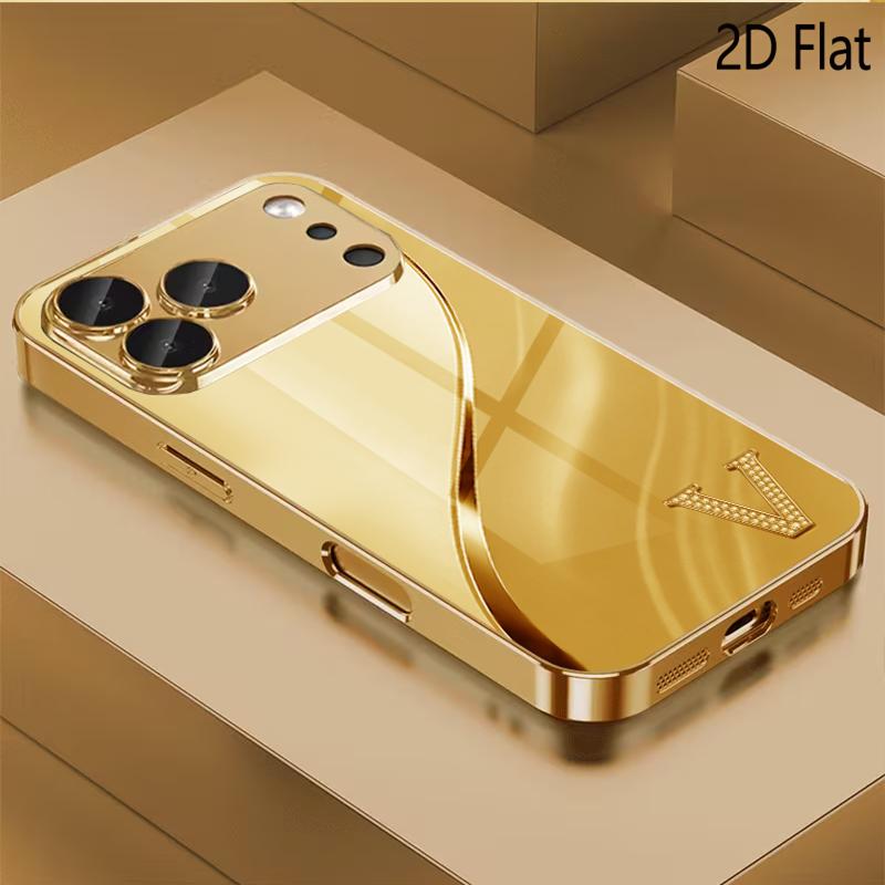 Golden V Patterned Tempered Glass Design for iPhone16 17 ProMax 1514 1312 11ProMax Phone Case Camera Cover Shockproof Hard Back