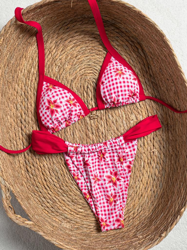 Print Triangle Cup Tie Side Low Waist Sexy Two Piece Bikini Set Elegant