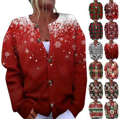 Women's Fashion Christmas Printed Long Sleeve Knitted Cardigan Button Down Jacket