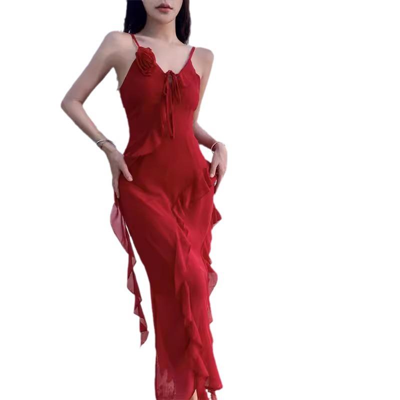 French Skinny Irregular Red Suspender Dress Women's Senior Sexy Beautiful Dress Seaside Vacation Beach Dress
