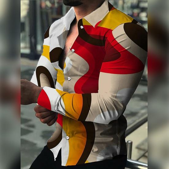 Men Shirt Long Sleeves Button Lapel Cardigan Single-breasted Warm Slim Fit Casual Flower Print Autumn Top for Dating