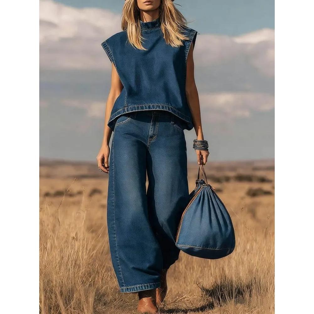 Women's High Neck Sleeveless Loose Denim Top High Waist Wide Leg Denim Pants 2 Piece Outfit Casual Daily Vintage Jean Pant Set
