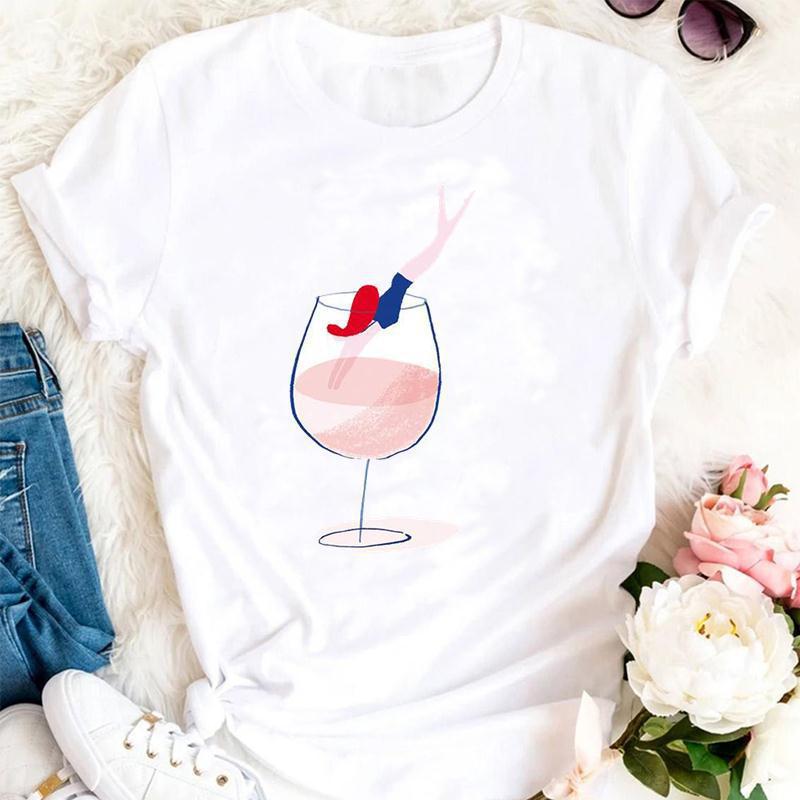 Womens Fashion Wine Glass Print Trendy Womens Base Layer Halfsleeved Womens Wear Shortsleeved Women Tshirt for Summer